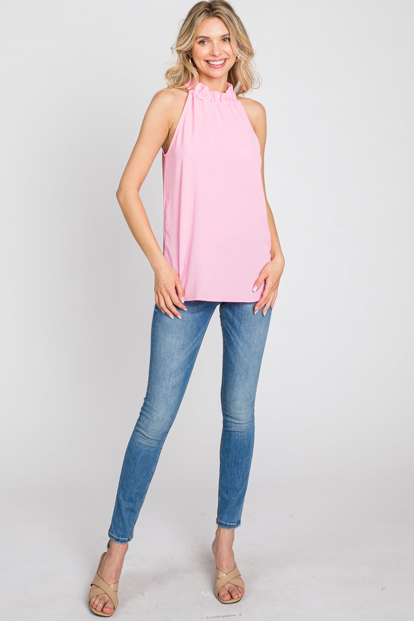 Pink Ruffle Mock Neck Sleeveless Top