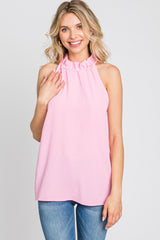 Pink Ruffle Mock Neck Sleeveless Top