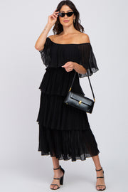 Black Solid Off Shoulder Pleated Ruffle Midi Dress
