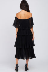 Black Solid Off Shoulder Pleated Ruffle Midi Dress