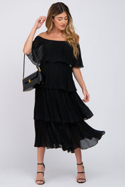 Black Solid Off Shoulder Pleated Ruffle Maternity Midi Dress