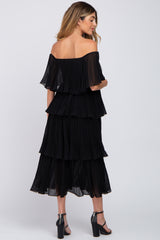 Black Solid Off Shoulder Pleated Ruffle Maternity Midi Dress