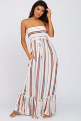 Multi-Color Striped Smocked Strapless Maxi Dress