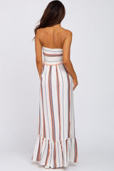 Multi-Color Striped Smocked Strapless Maxi Dress
