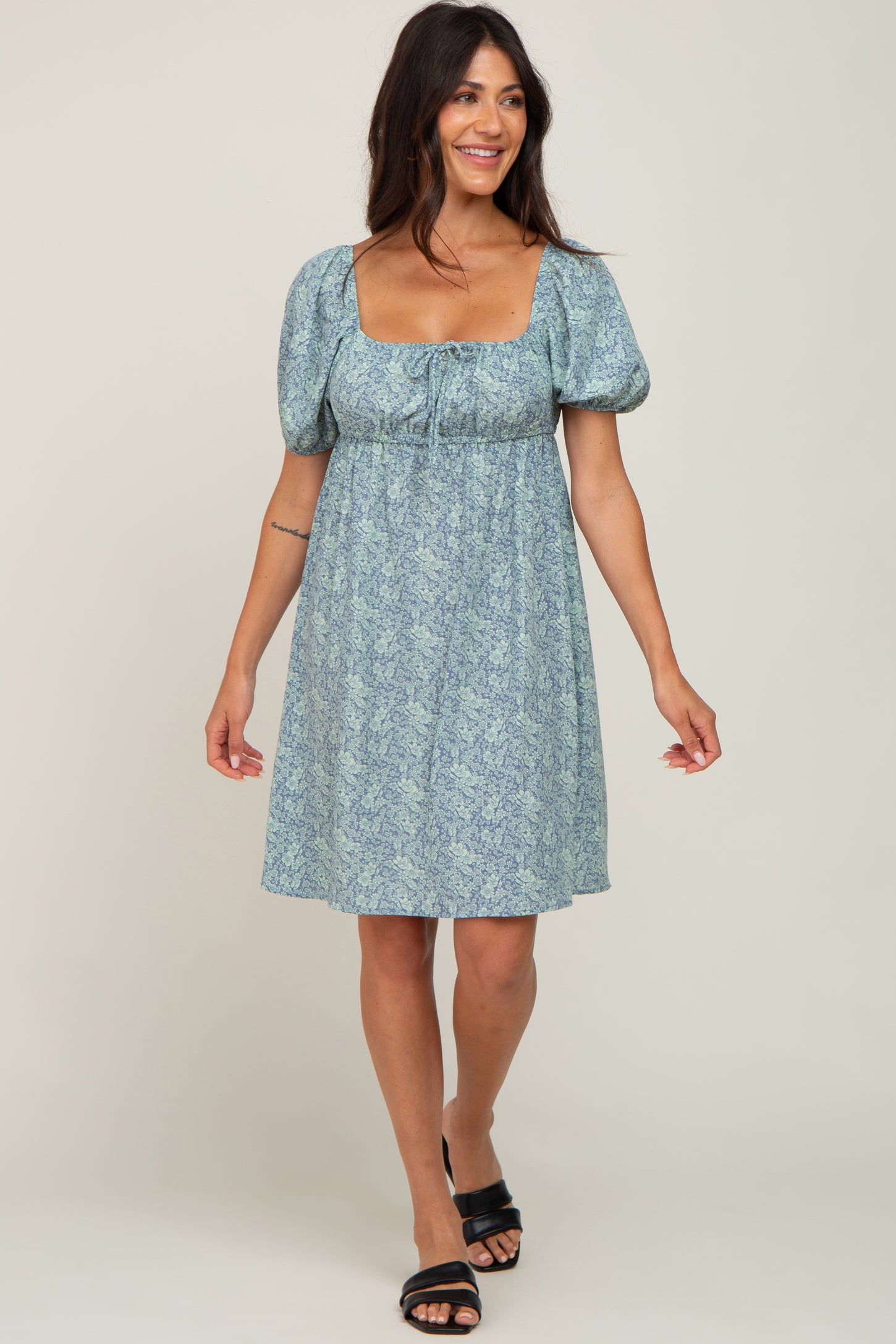 Blue Floral Tie Front Dress