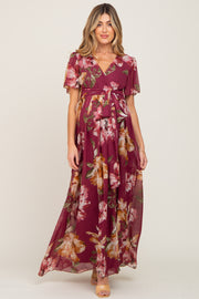 Burgundy Floral Chiffon Short Sleeve Maternity Maxi Dress