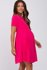Fuchsia Short Sleeve Front Pleat Maternity Dress