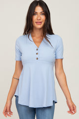 PinkBlush Light Blue Ribbed Button Accent Blouse