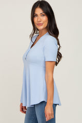 PinkBlush Light Blue Ribbed Button Accent Blouse