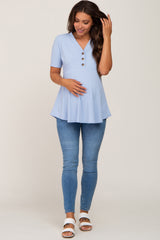 PinkBlush Light Blue Ribbed Button Accent Maternity Blouse