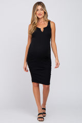 Black Ribbed Split Front Ruched Maternity Dress