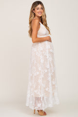 Ivory Lace Overlay Deep V-Neck Maternity Maxi Dress