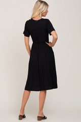 Black Short Sleeve Waist Tie Midi Dress