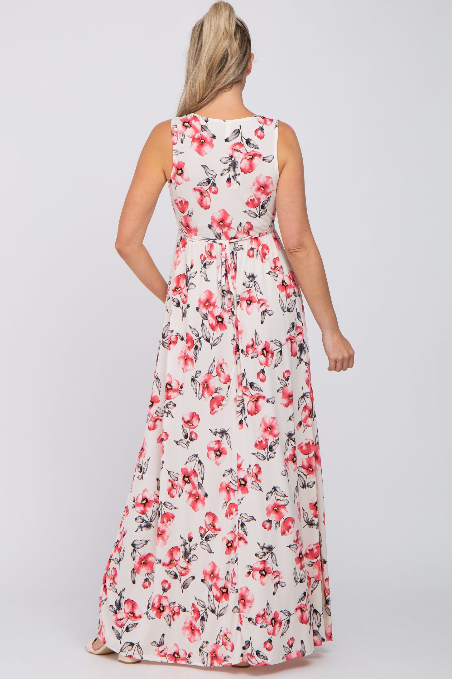 Ivory Floral Waist Tie Maternity Maxi Dress