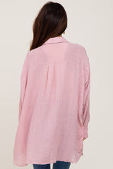 Pink Lightweight Sheer Button Down Blouse