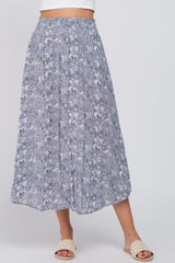 Blue Floral Round Hem Midi Skirt