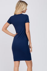 Navy Blue Ribbed Fitted Dress