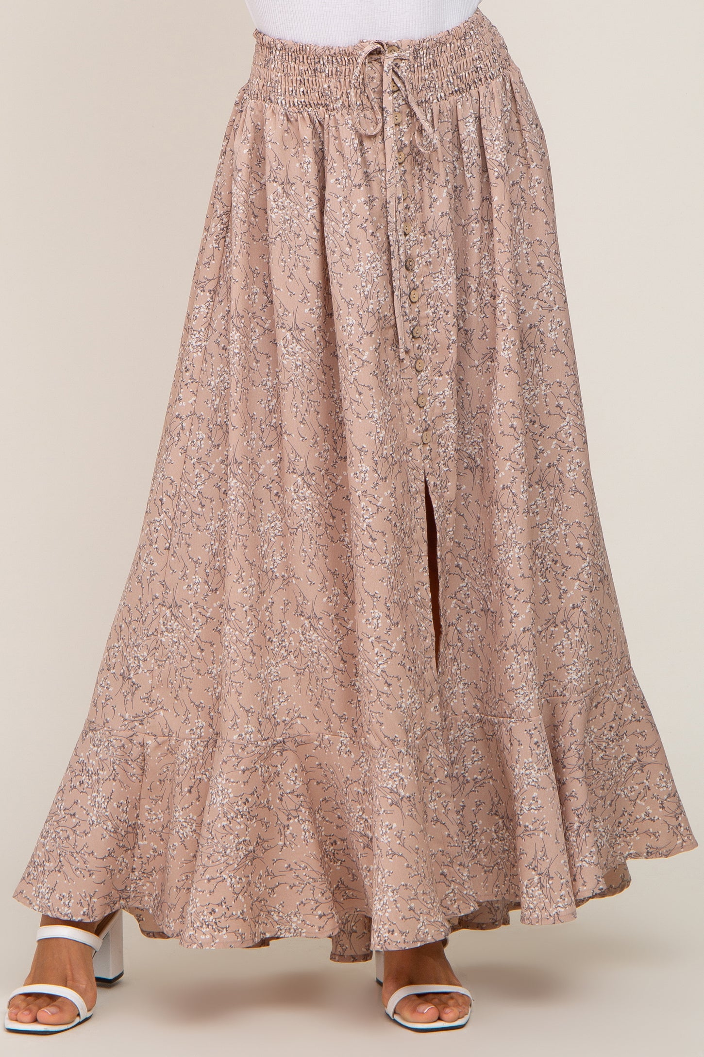 Beige Floral Button Front Smocked Waist Maxi Skirt