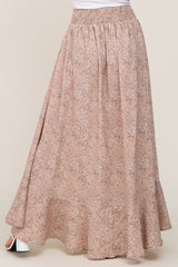 Beige Floral Button Front Smocked Waist Maxi Skirt