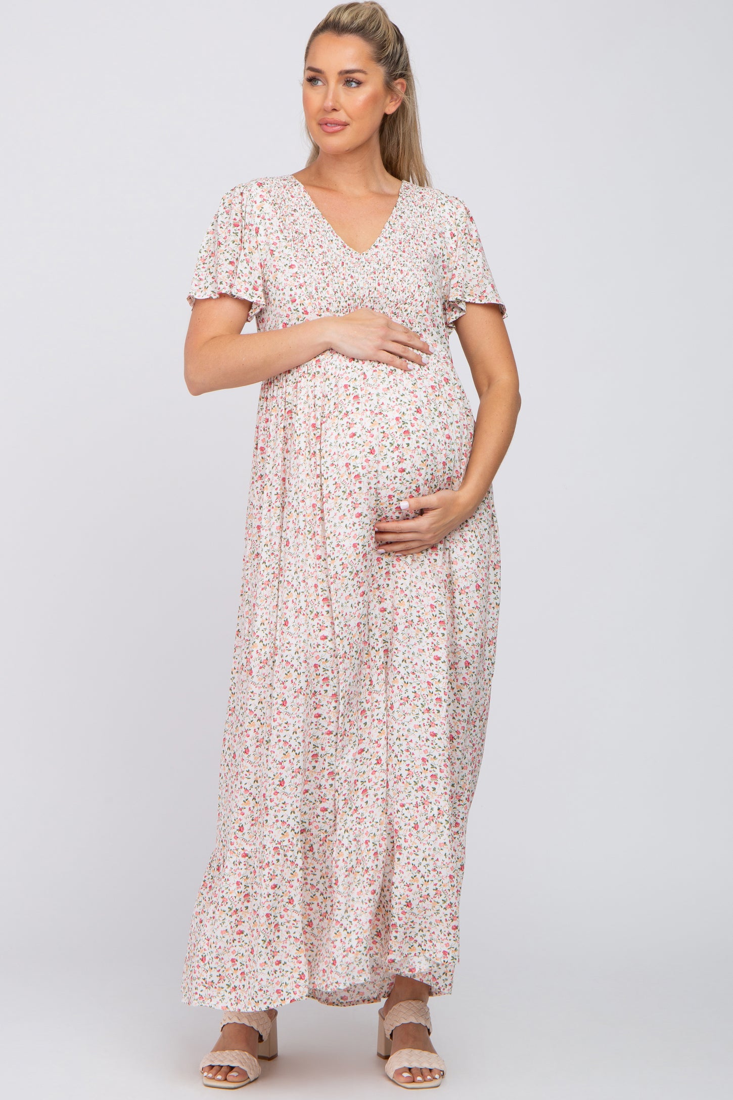 Ivory Floral Smocked Front Ruffle Hem Maternity Maxi Dress