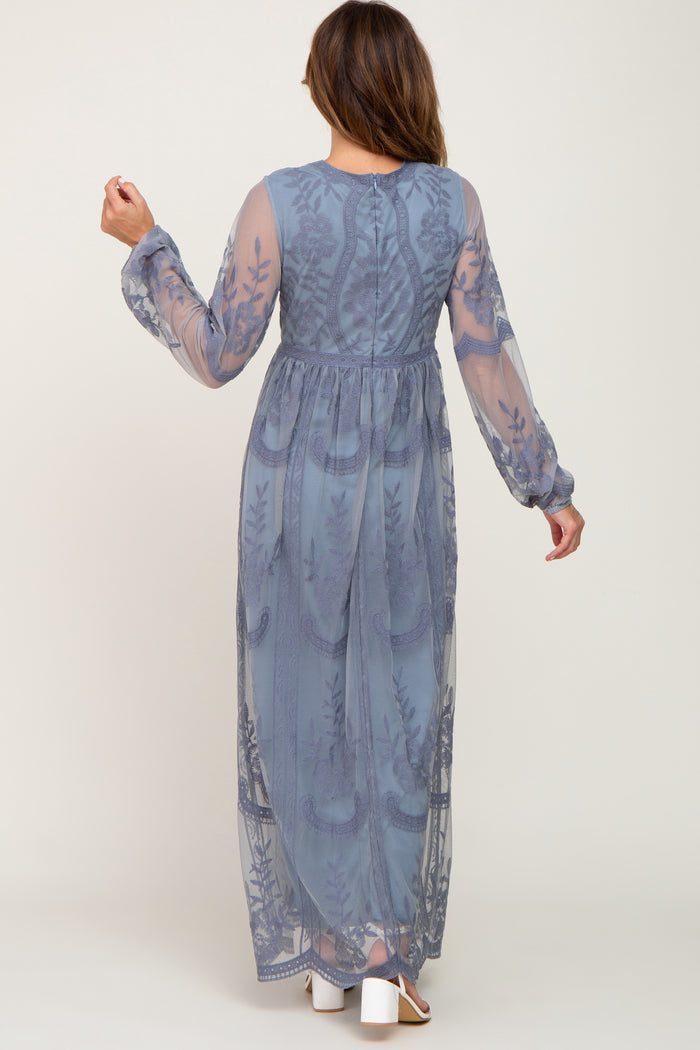 PinkBlush Blue Grey Lace Mesh Overlay Long Sleeve Maxi Dress