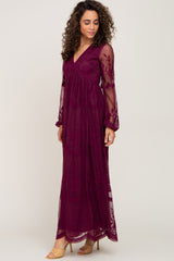 PinkBlush Burgundy Lace Mesh Overlay Long Sleeve Maxi Dress
