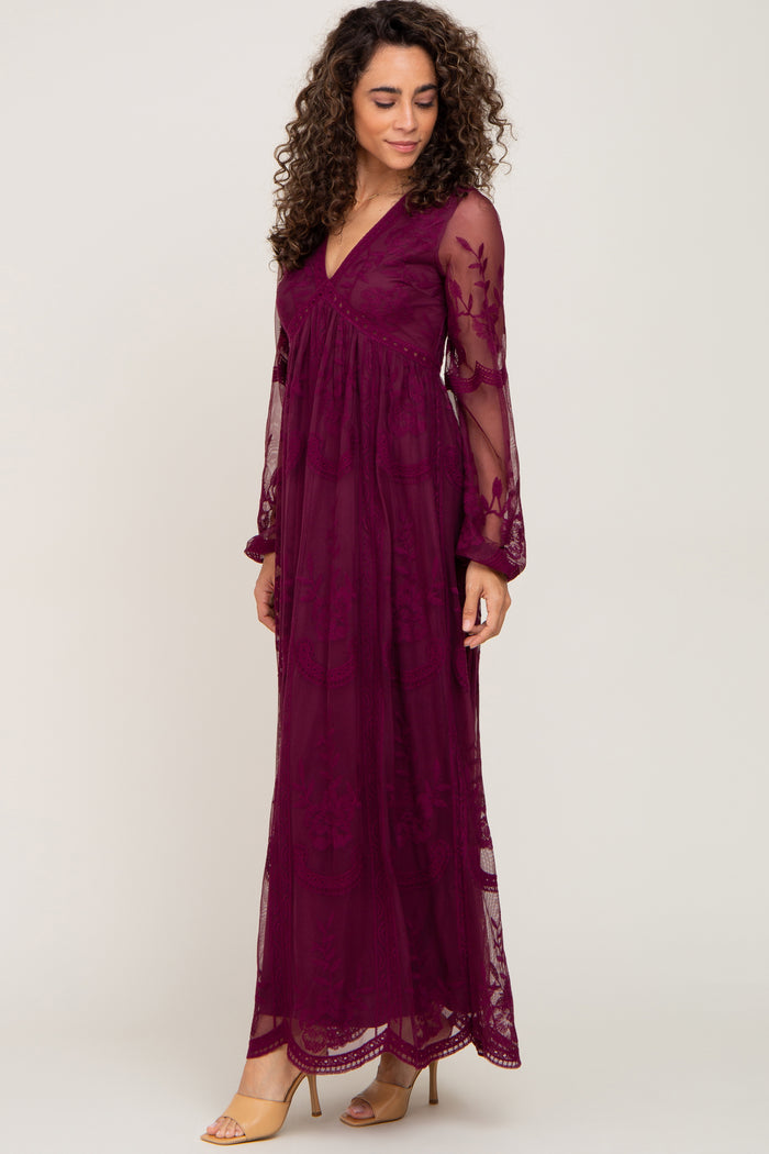 PinkBlush Burgundy Lace Mesh Overlay Long Sleeve Maxi Dress
