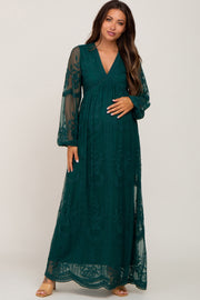 PinkBlush Forest Green Lace Mesh Overlay Long Sleeve Maternity Maxi Dress