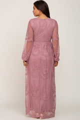 PinkBlush Mauve Lace Mesh Overlay Long Sleeve Maternity Maxi Dress