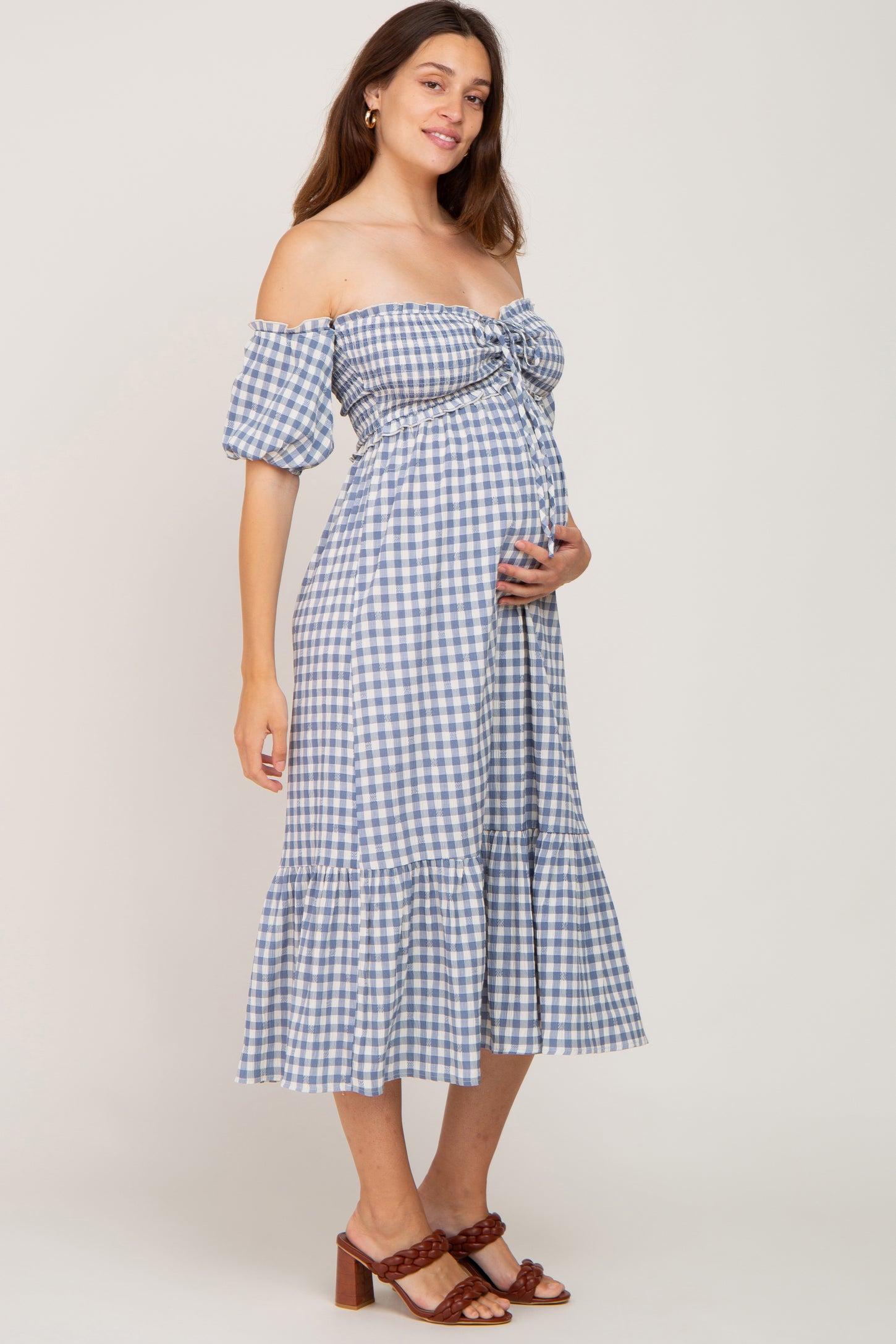 Blue Gingham Sweetheart Neck Front Tie Off Shoulder Maternity Midi Dress