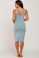 Blue Square Neckline Fitted Maternity Dress