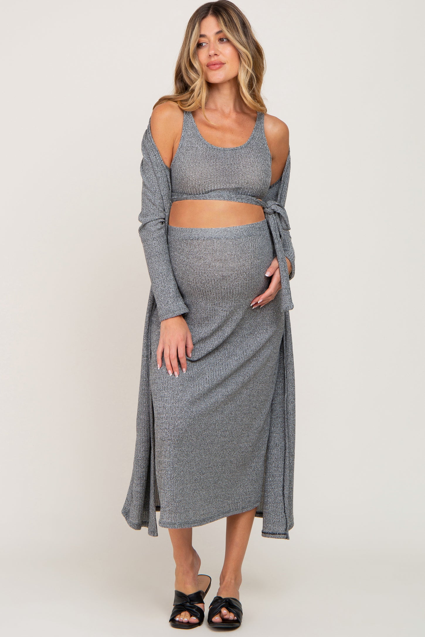 Grey 3-Piece Skirt and Cardigan Maternity Set