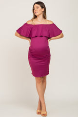 Magenta Off Shoulder Fitted Maternity Dress