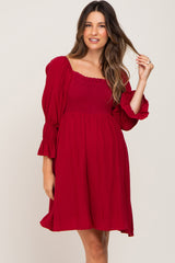 Burgundy Smocked 3/4 Sleeve Maternity Dress