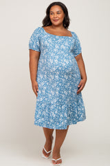 Blue Floral Ruffle Hem Plus Maternity Midi Dress