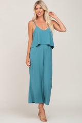Teal Ribbed Double Layer Cropped Jumpsuit