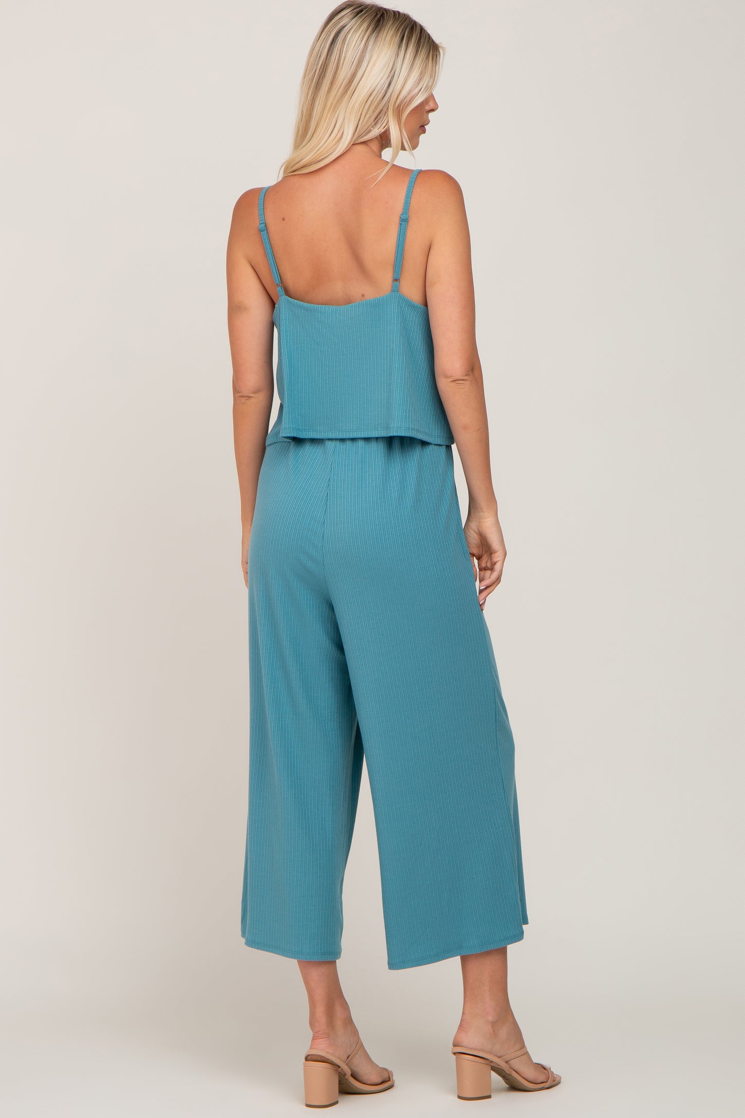 Teal Ribbed Double Layer Cropped Jumpsuit