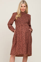 Mauve Animal Print Smocked Long Sleeve Maternity Midi Dress