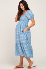 Blue Gingham Smocked Maternity Midi Dress