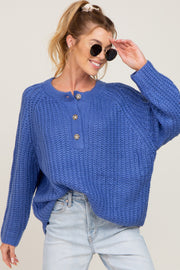 Blue Open Knit Button Front Sweater