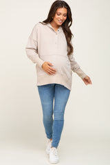 Taupe Snap Front Button Maternity Hoodie