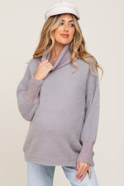 Grey Fuzzy Knit Turtleneck Maternity Sweater