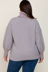 Grey Fuzzy Knit Turtleneck Plus Sweater