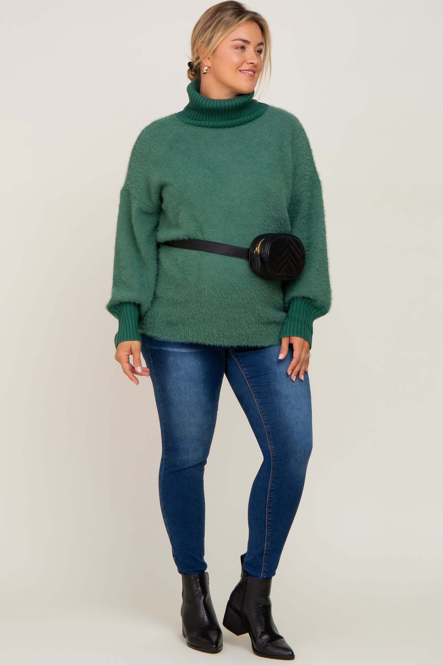 Forest Green Fuzzy Knit Turtleneck Maternity Plus Sweater