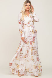 Cream Floral Chiffon Long Sleeve Maxi Dress