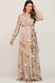 Taupe Floral Chiffon Long Sleeve Maternity Maxi Dress