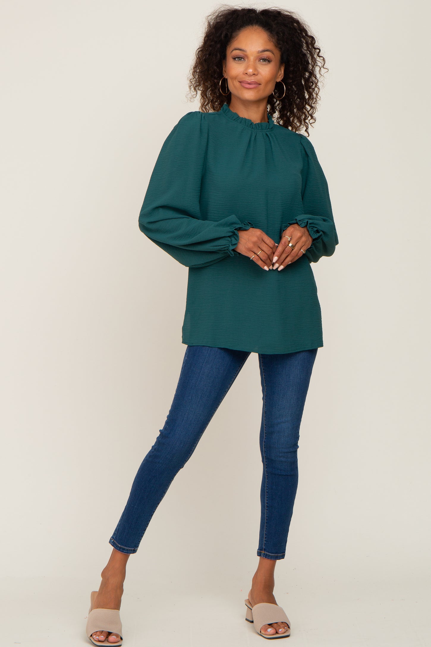 Forest Green Ruffle Neck Long Sleeve Blouse