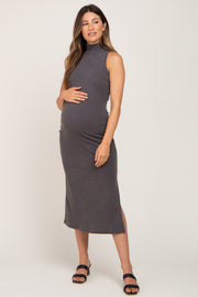 Charcoal Knit Mock Neck Maternity Midi Dress