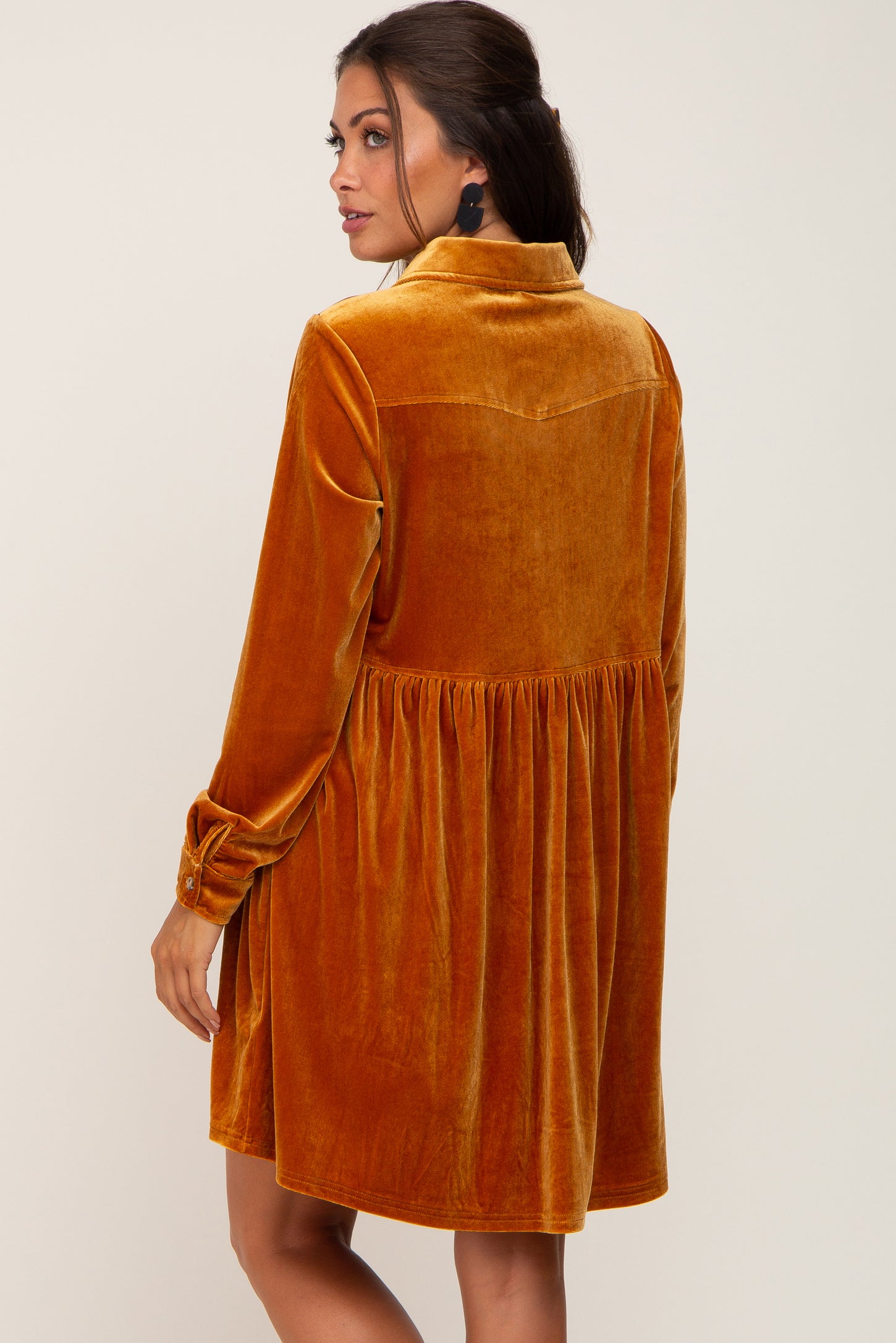 Dark Yellow Velvet Button Down Maternity Mini Dress