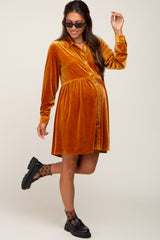 Dark Yellow Velvet Button Down Maternity Mini Dress
